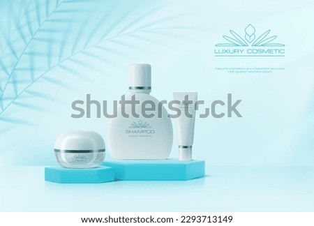 Light blue color podium with cosmetics mockup, vector ad banner. Cosmetic product display stand or stage with 3d realistic shampoo bottle, cream jar and tube with palm leaf shadow on wall