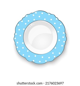 Light blue color vector plate with figured edges and polka dot pattern isolated on white background