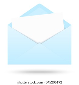 light blue colored opened envelope with white empty paper