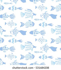 Light blue colors hand drawn fishes seamless pattern.