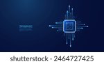 Light blue CPU on technology dark background. Abstract digital polygonal computer processor or chip with growth arrows and circuit board elements. Technology bg. Ai chip. Low poly vector illustration.