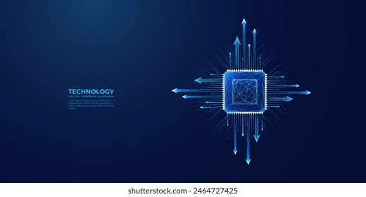 Light blue CPU on technology dark background. Abstract digital polygonal computer processor or chip with growth arrows and circuit board elements. Technology bg. Ai chip. Low poly vector illustration.