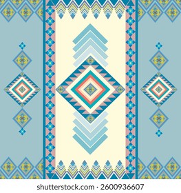A light blue and cream patterned floor contrasted with pink navy and yellow designs