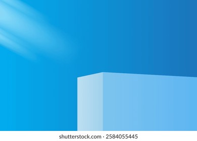 Light blue cube podium, with blue gradient background, diagonal light effect, suitable for product presentation or modern design.