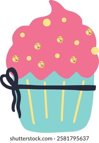 Light blue cupcake topped with pink icing, adorned with yellow and golden sprinkles, and featuring a dark ribbon, isolated on a white background