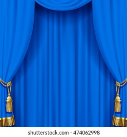 Light blue curtain with gold tassels. Artistic poster and background. Vector illustration.