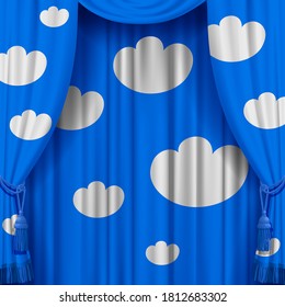 Light blue curtain with white decorative clouds. Artistic poster and background. Vector illustration. 