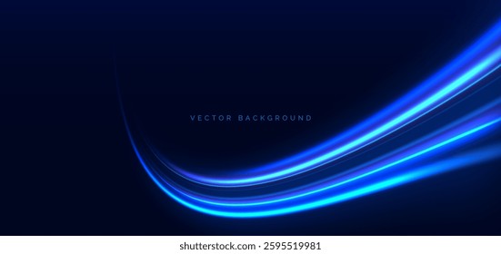 Light blue cuved rays glowing on dark blue background. High speed motion moving concept. Vector illustration