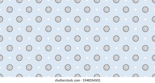 Light blue daisy pattern with dots seamless pattern vector background. Floral pattern with daisies and polka dots.