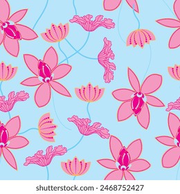 Light blue and dark pink floral pattern for a gift design. 