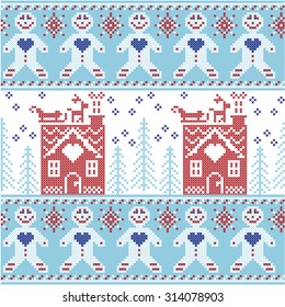 Light Blue, Dark Blue And Red Scandinavian Nordic Christmas Seamless Pattern With Gingerbread Man , Stars, Snowflakes, Ginger House, Trees, Xmas  Gifts, Reindeer, Sleigh, Snow In Cross Stitch  
