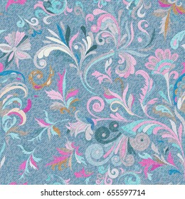 Light blue denim with colorful floral pattern. Beautiful ornamental floral seamless background. Hand draw eastern paisley ornament. Vector