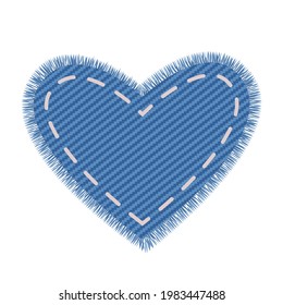 Light blue denim heart shape. Tor design for fabric. Realistic jeans texture patchwork for label or tag.
