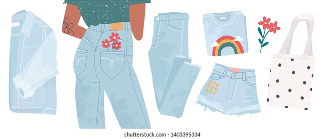 Light blue denim jeans pants, jacket, t-shirt with cool print, shorts and eco shopping bag. Hand drawn vector set. Trendy illustration. Flat design. Stamp texture. All elements are isolated