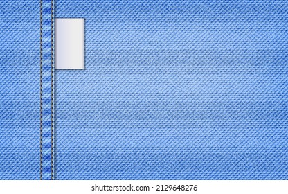 Light blue denim jeans texture with vertical stitch seam and white label. Vector pattern background. Can be used for wallpaper, wrapping, banner, web page, presentation, business card template 
