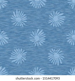 Light blue denim marl seamless pattern with patterned daisy. Jeans bleached texture fabric textile. Vector dyed cotton melange t shirt all over print.