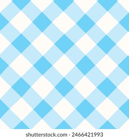 Light blue diagonal Vichy check seamless vector pattern. Hand-drawn Gingham check pattern. Gender neutral pastel blue and white plaid design. Blue grid on an off-white background.