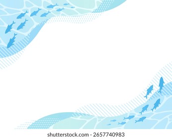 Onda diagonal azul claro y escuela de ilustración de marco de silueta de pescado