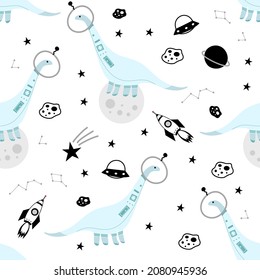 Light blue dinosaur astronaut hand drawn seamless pattern in doodle style on white background  for fashion print, wallpaper, gift wrapping paper etc. 