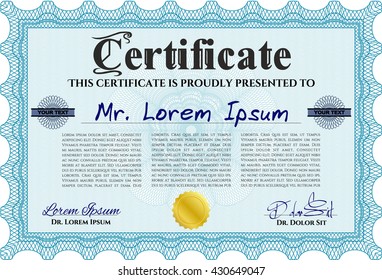 Light blue Diploma. With background. Border, frame. Good design. 