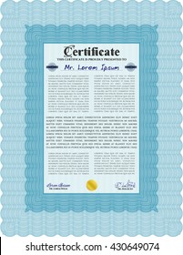 Light blue Diploma. With background. Border, frame. Good design. 