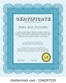 Light blue Diploma. Beauty design. With complex linear background. Detailed. 