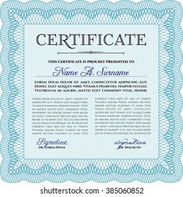 Diploma azul claro. Borde, marco. Con fondo. Excelente diseño. 