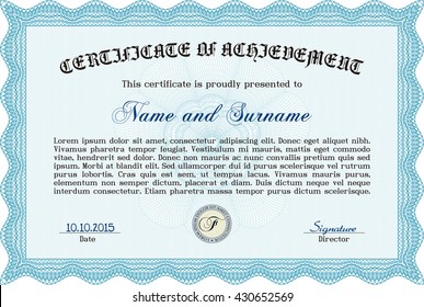 Light blue Diploma. Border, frame. Good design. With background. 