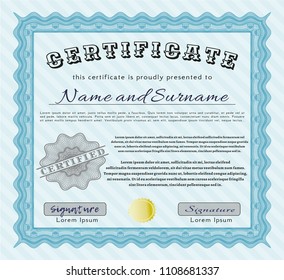 Light blue Diploma or certificate template. With linear background. Detailed. Money Pattern design. 