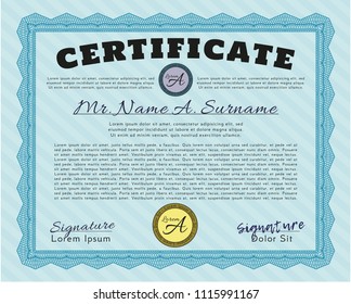 Light blue Diploma or certificate template. Detailed. With complex linear background. Money style design. 