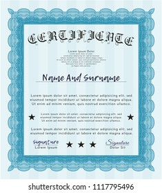 Light blue Diploma or certificate template. With quality background. Vector illustration. Sophisticated design. 