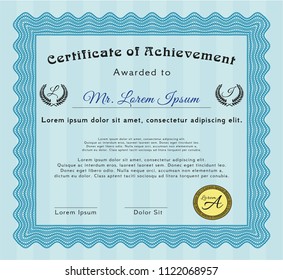 Light blue Diploma or certificate template. With guilloche pattern. Money Pattern design. Customizable, Easy to edit and change colors. 