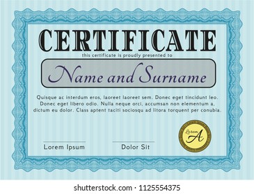 Light blue Diploma or certificate template. Excellent design. With guilloche pattern and background. Customizable, Easy to edit and change colors. 