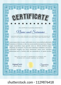 Light blue Diploma or certificate template. Printer friendly. Money Pattern design. Detailed. 