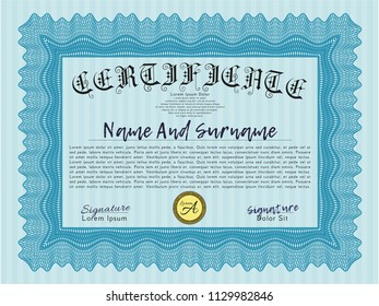 Light blue Diploma or certificate template. With great quality guilloche pattern. Artistry design. Vector illustration. 