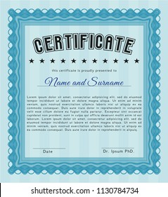 Light blue Diploma or certificate template. Cordial design. With complex background. Vector illustration. 