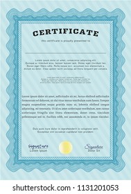 Light blue Diploma or certificate template. Cordial design. With great quality guilloche pattern. Vector illustration. 
