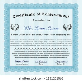 Light blue Diploma or certificate template. Money style design. With background. Customizable, Easy to edit and change colors. 