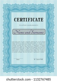 Light blue Diploma or certificate template. Vector illustration. Easy to print. Superior design. 