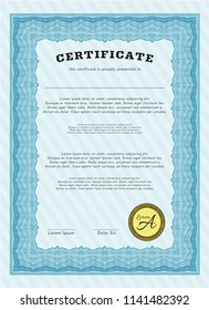 Light blue Diploma or certificate template. Money design. Detailed. With linear background. 