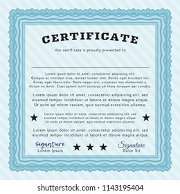 Light blue Diploma or certificate template. Nice design. Vector illustration. Easy to print. 