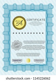 Light blue Diploma or certificate template. With background. Detailed. Modern design. 