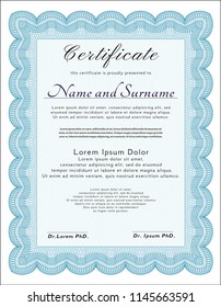 Light blue Diploma or certificate template. With linear background. Vector illustration. Superior design. 