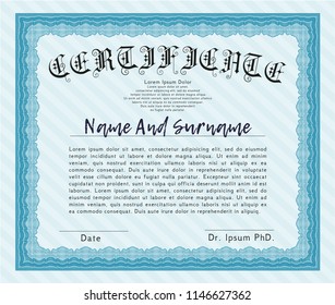 Light blue Diploma or certificate template. With quality background. Detailed. Money style design. 