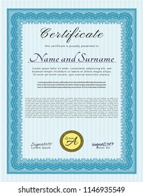 Light blue Diploma or certificate template. Excellent design. Detailed. Complex background. 