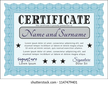 Light blue Diploma or certificate template. With quality background. Vector illustration. Sophisticated design. 
