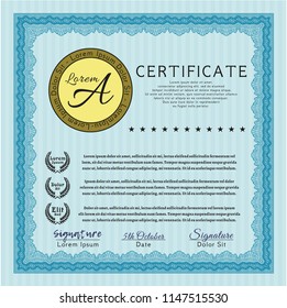 Light blue Diploma or certificate template. Nice design. With complex linear background. Detailed. 