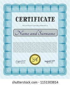 Light blue Diploma or certificate template. Detailed. Easy to print. Good design. 