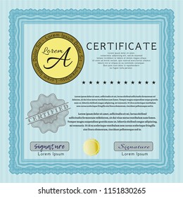 Light blue Diploma or certificate template. Customizable, Easy to edit and change colors. With guilloche pattern and background. Superior design. 
