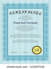 Light blue Diploma or certificate template. Printer friendly. Customizable, Easy to edit and change colors. Good design. 
